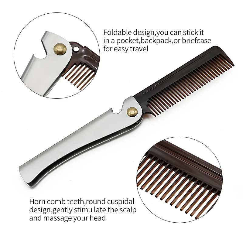 Man Folding Beard Comb Stainless Steel Handle Travel Hairdressing Comb Bottle Opener Anti Static Hair Styling Tool For Combing
