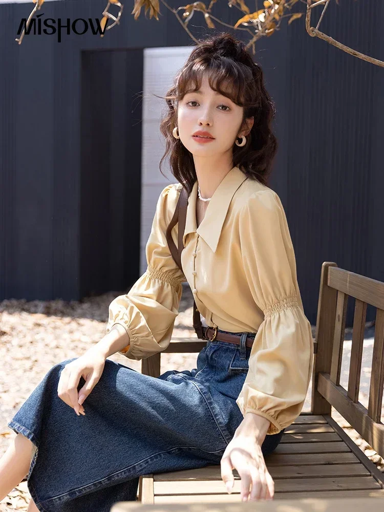 

MISHOW Elegant Women's Blouse Autumn Vintage French Lantern Sleeves Turndown Collar Shirt Office Lady Female Clothing MXB32C0508