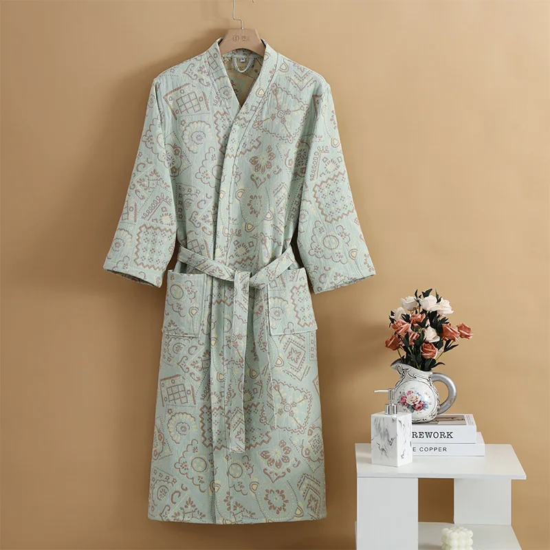 Cotton Flower Jacquard Nightgown Bathrobe Home Dressing Gown Sleep Wear Pyjamas Soft Comfortable Thick Absorbent Terry Bath Robe