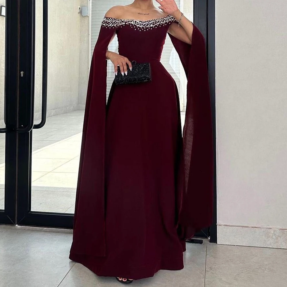 

Customized Delicate Crystal Off the Shoulder Jersey Evening Dress Modern A-Line Floor Length Boat Neck Long Sleeves Party Dress