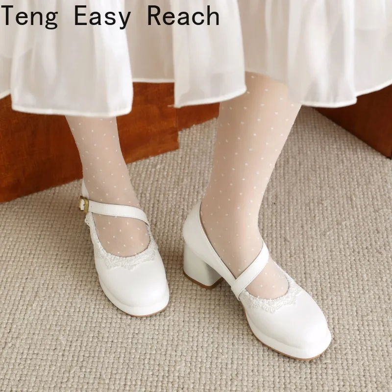 2024 New Women\'s White Mary Jane Shoes Spring Fashion Round Toe Chunky Heels Women\'s Lace Edge Princess Cosplay Lolita Shoes