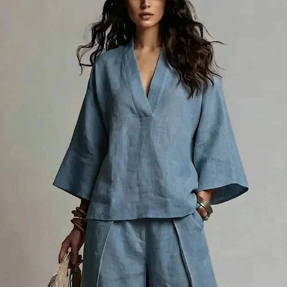 Women's Vintage Linen Two Piece Set V Neck 3/4 Flare Sleeve Top Contrast Wide Leg Pants Casual Vacation Matching Chinese Outfit