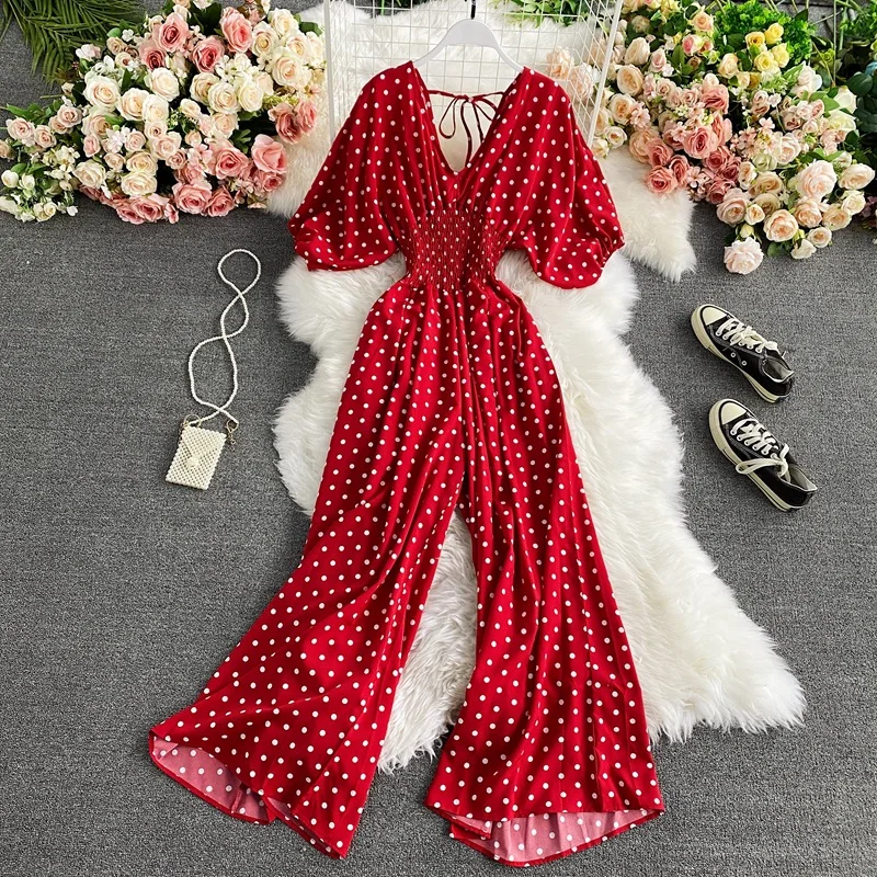 Women Wide Leg Trousers Jumpsuit V Neck Sexy Dolman Sleeves Waist Slim Polka Dot Print Jumpsuit