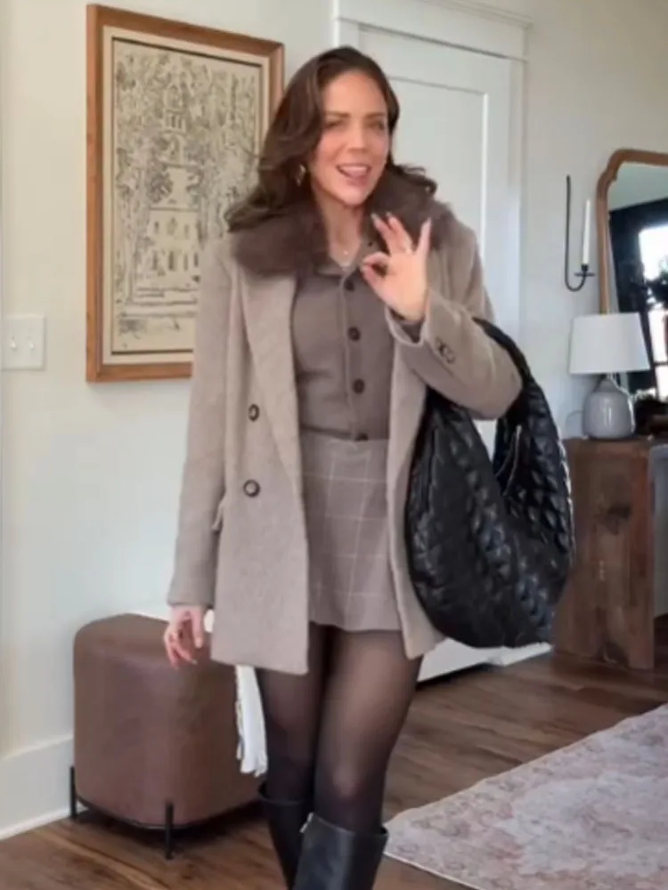 

HH женская зимняя модная универсальная вязаная куртка с эффектом искусственного меха и лацканами, женское темпераментное однобортное теплое пальто с длинными рукавами