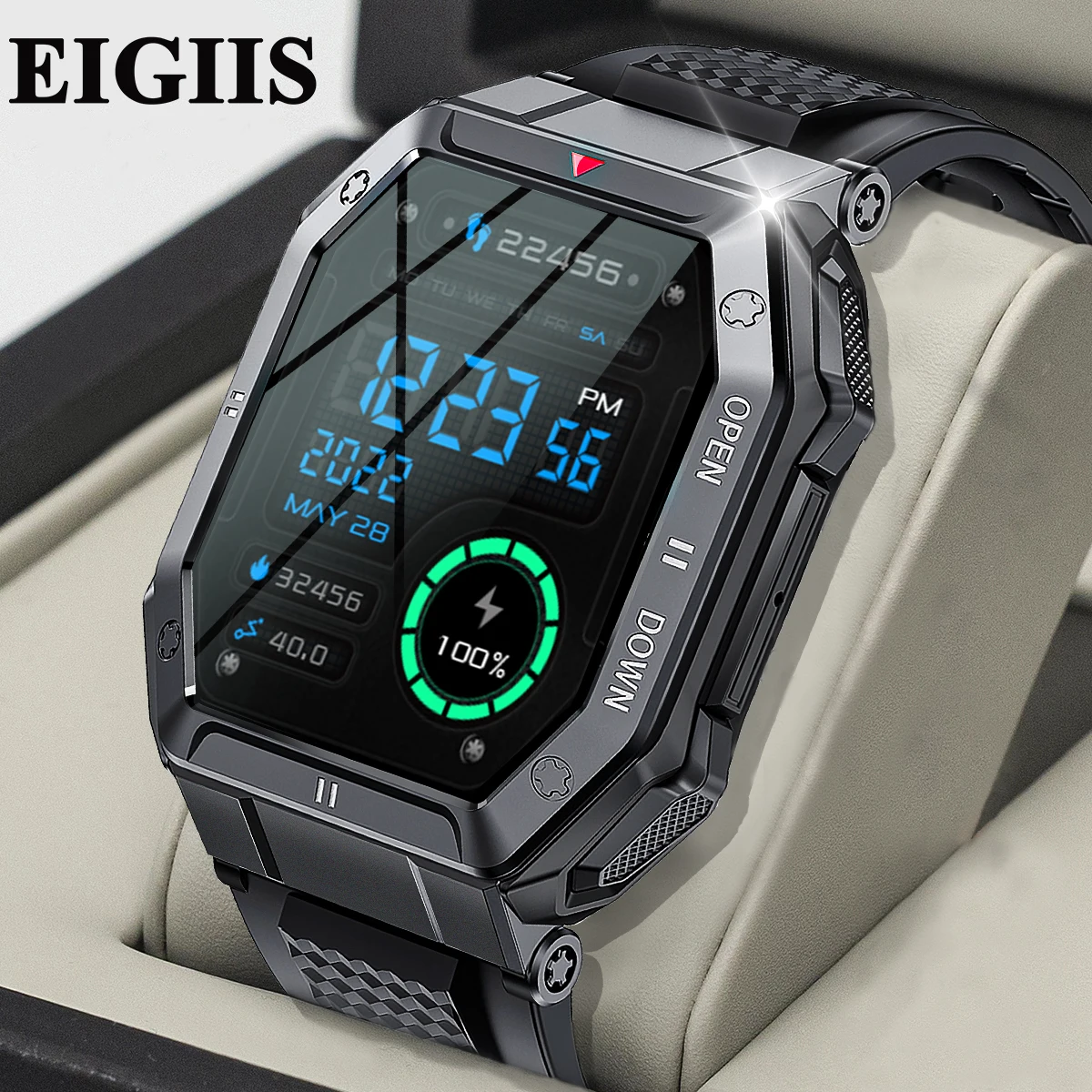 EIGIIS 1.85'' IPS Screen Waterproof Fitness Tracker Bluetooth Call Heart Rate Monitor Blood Oxygen Outdoor Sport Smart Watch