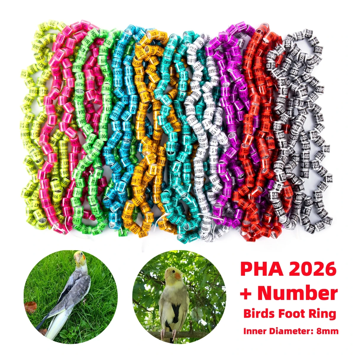 PHA 2026 Anillos para pies de paloma Diámetro interior 8 mm Plástico de aluminio Anillos para patas de codorniz loro pájaro con número Multicolor 1 paquete/50 piezas