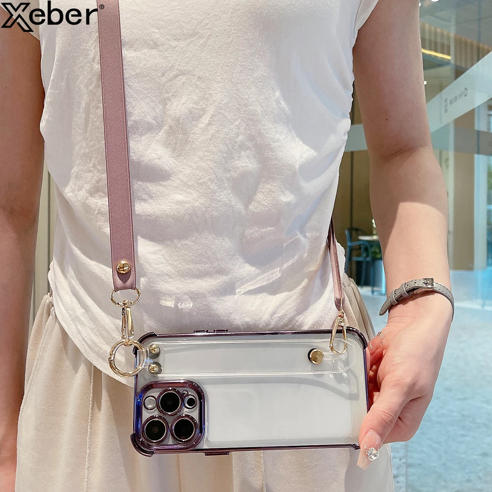 Plating Transparent Wrist Strap Holder Case For iPhone 14 Plus 13 12 11 Pro Max XR XS X Crossbody Lanyard Necklace Soft Cover