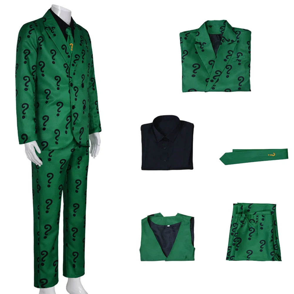 Men Riddler Cosplay Fantasy Movie Super Villain Costume Disguise Adult Boys Roleplay Fantasia Outfits Halloween Male Suits