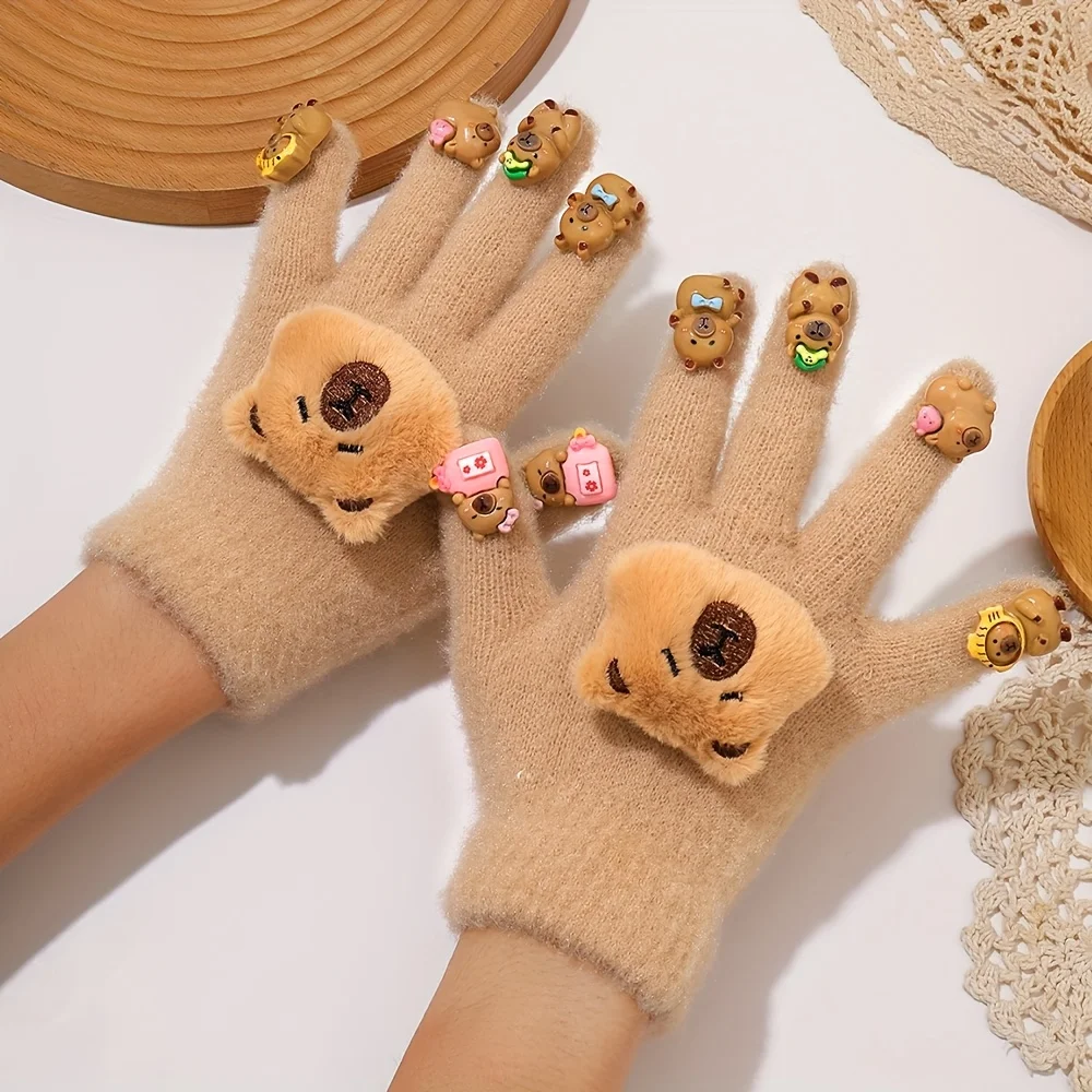 Niedliche Winterhandschuhe für Mädchen mit bezaubernder Capybara-Dekoration, bequem und warm für Herbst und Winter, Fingerspitzen-Design