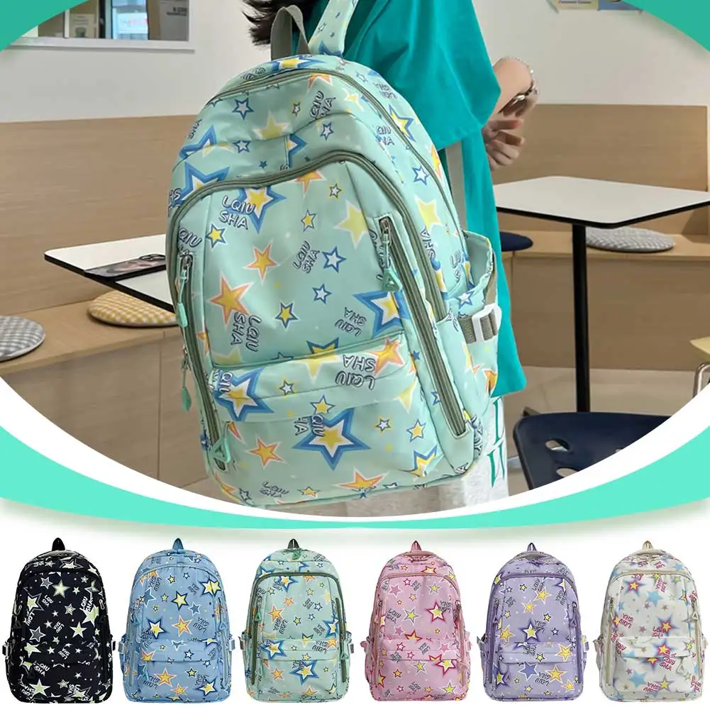 Y2K Star Fashion Backpack Junior High School Students Backpack Nylon Daily Rucksack Aesthetic Large Capacity for Teen Students