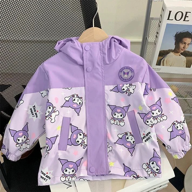 Nueva chaqueta Sanrioed para niñas, cortavientos, chaqueta con capucha y cremallera para otoño e invierno, Tops cálidos para niños, ropa para niños Kuromi de dibujos animados bonitos, regalo