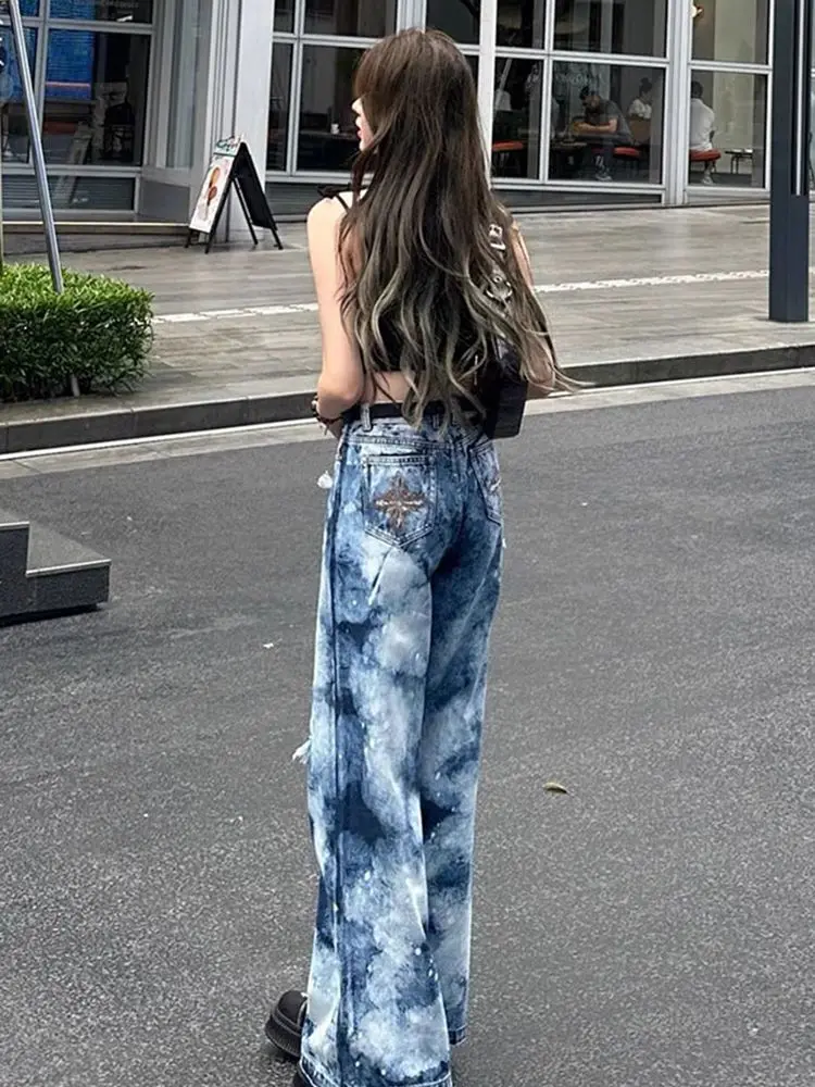 Jeans Camouflage Starry Sky Design High Waist Wide Leg Ripped Holes Women Summer New American Jeans Loose Straight Trousers