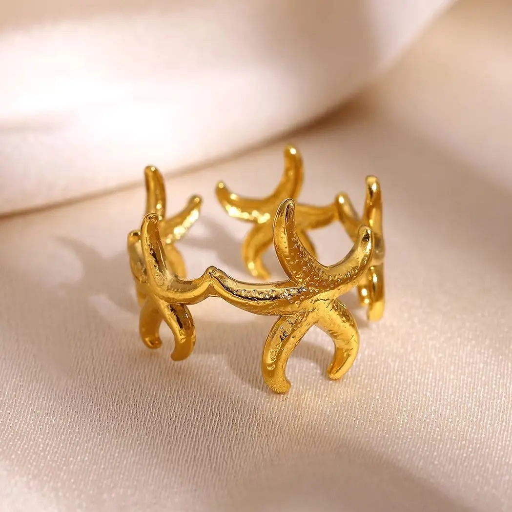 Vacation Ocean Wind Stainless Steel Starfish Rings for Women Gold Color Stackable Open Ring Summer Party Jewelry Gift