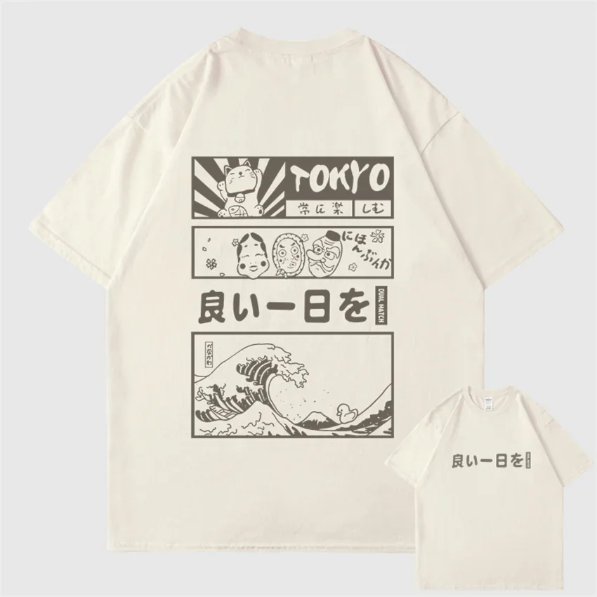 Men Hip Hop Streetwear T-Shirt Japanese Kanji Cartoon Great Wave Tokyo Women T Shirt Harajuku Cotton Short Sleeve Tshirt Summer