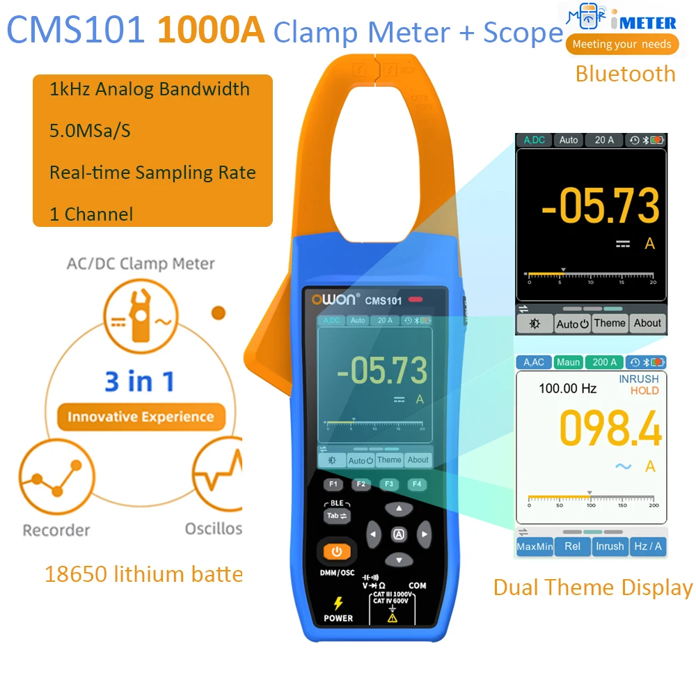 OWON 3 in 1 CMS101 Oscilloscope 1kHz Bandwidth 1000A AC/DC Clamp Meter Bluetooth Recorder NCV Voltage Current Waveform Measure