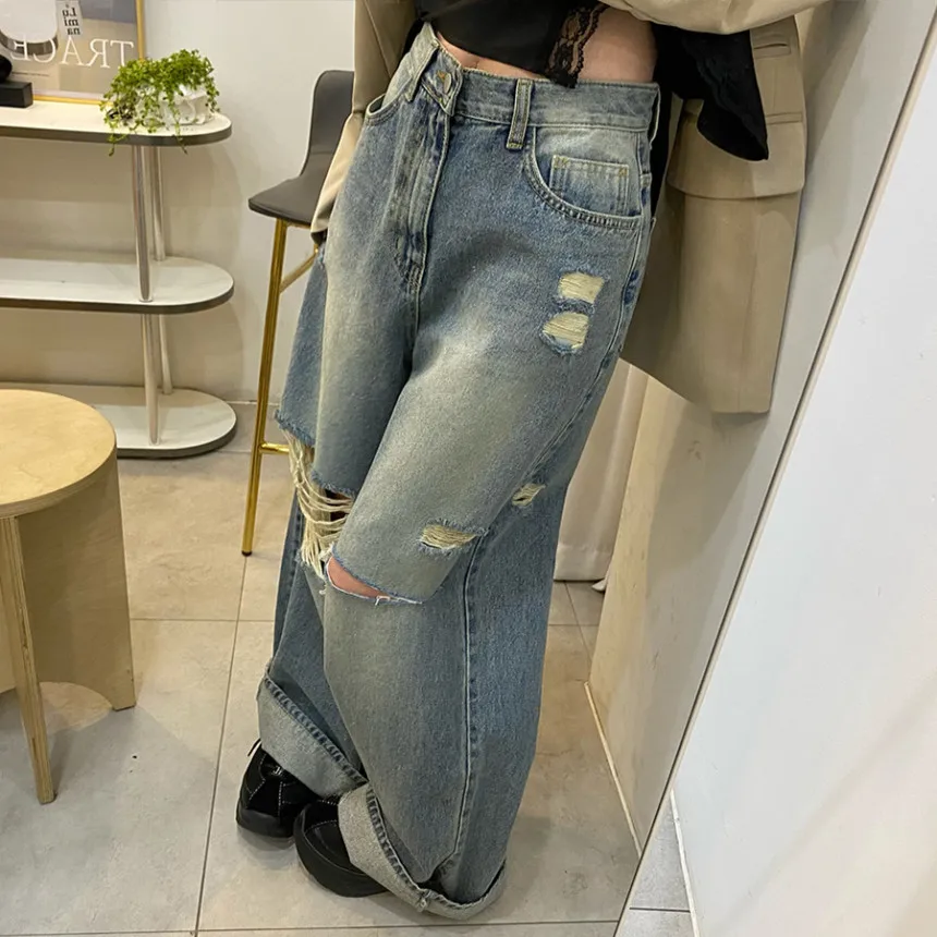 

High Waist Casual Vintage American Style Floor Length Pants Women's Fashionable Versatile Summer New Arrival Blue Cotton Denim