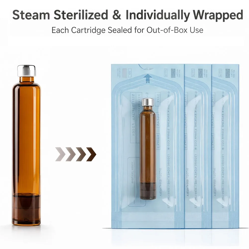 100Pcs Lightproof Amber 3ml Glass Cartridges for Peptide Pen V1 V2, Sterile Individually Wrapped with 11mm Long Rubber Stopper view 6
