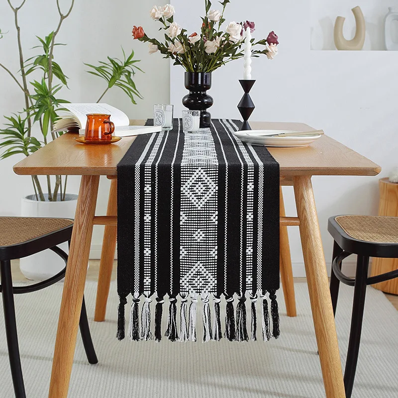 Cotton Table Runner Tassel Black Stripe Splicing Path Woven Wedding Decoration Dinner TV Cabinet Coffee Table Flag Nordic Decor