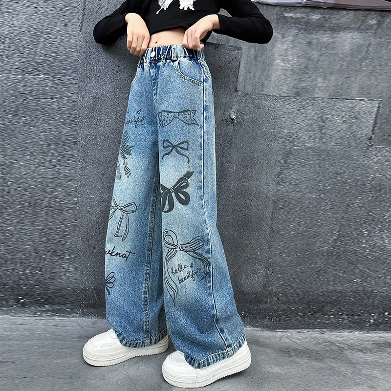 Girls Hand Drawn Graffiti Design Jeans New Teenage Children Wide Leg Denim Pants for Kids Loose Trousers Spring Autumn 4-15 Yrs