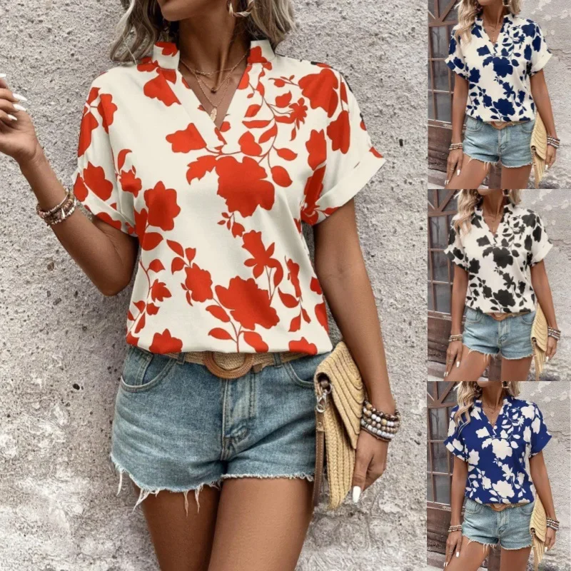 Summer Women Floral Print V-neck Batwing Sleeve Casual Loose Shirt Women's Short-Sleeved Top