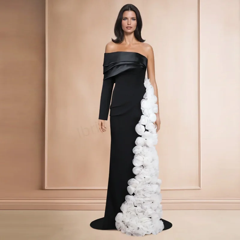 Maßgeschneidertes elegantes schwarzes und weißes One-Shoulder-Abendkleid A-Linie weibliches formelles Party-Abschlussballkleid Vestidos de Fiesta 2025