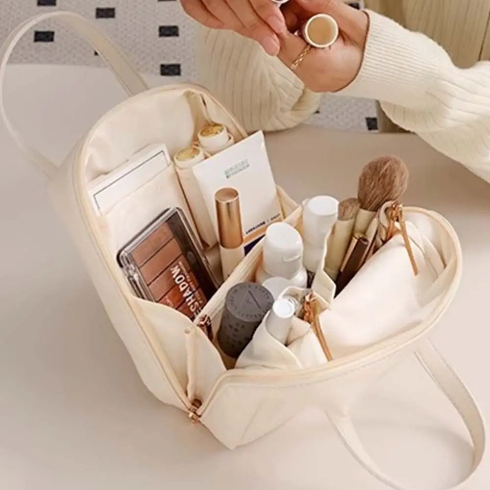 Tas kosmetik bentuk cangkang untuk wanita, tas penyimpanan Organizer perlengkapan mandi perjalanan kantong Makeup kulit PU elegan