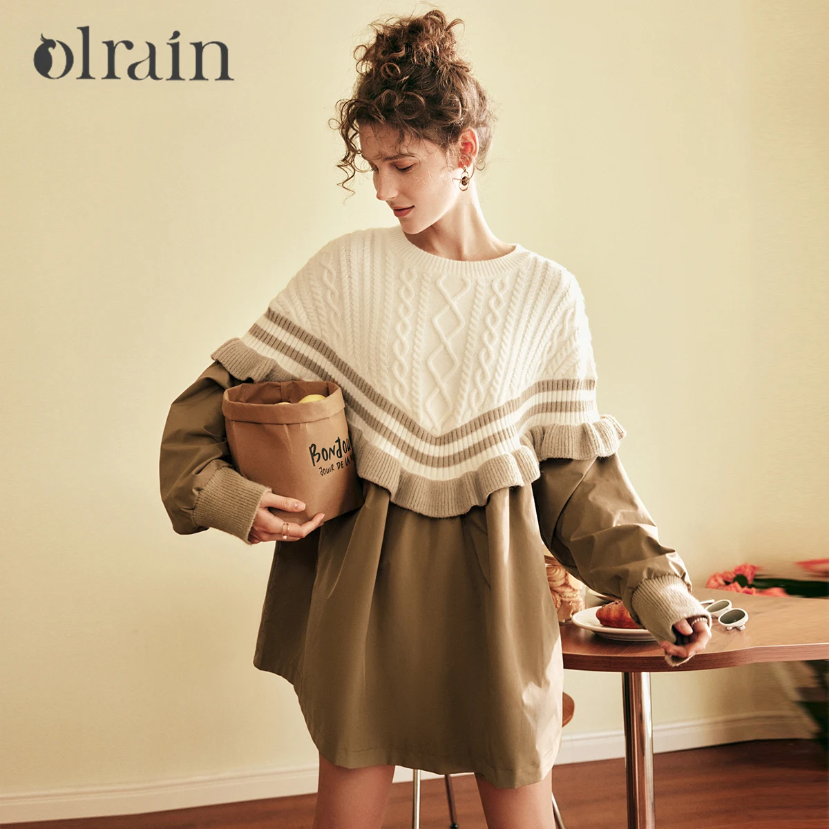 

OLrain French Knitted Dress for Woman 2025 Winter New in Patchwork Dresses Fashion Loose Fit O-neck Women Clothing O22DL68699