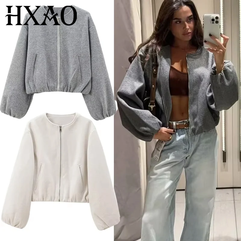 HXAO-Chaqueta Bomber recortada para mujer, abrigos de lana sintética de manga larga para otoño, abrigos cortos grises y Beige con cremallera para invierno