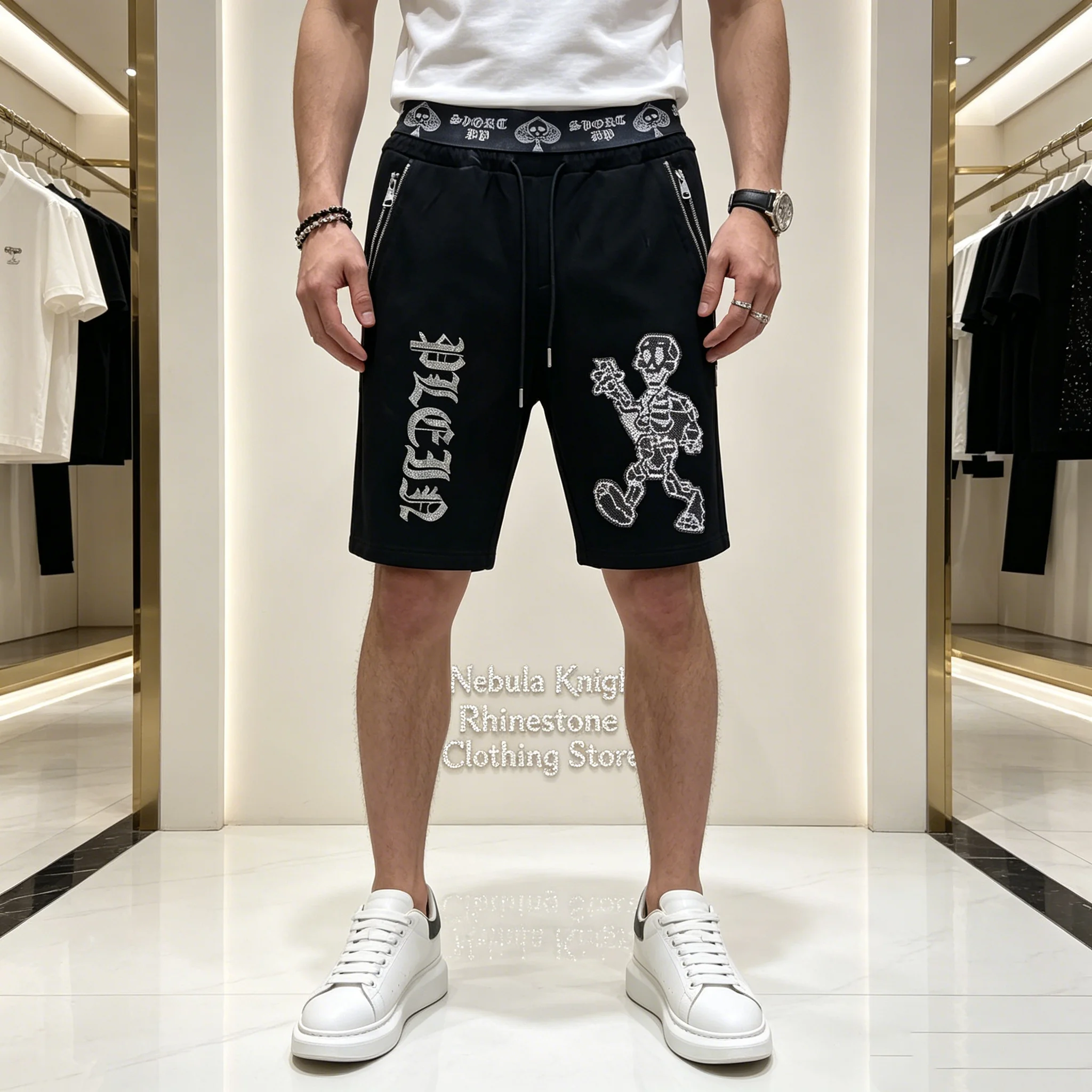 Summer Urban Men Rhinestone Sports Shorts Drawstring Elastic Waist Zipper Pocket Casual Fitness Running Beach Shorts