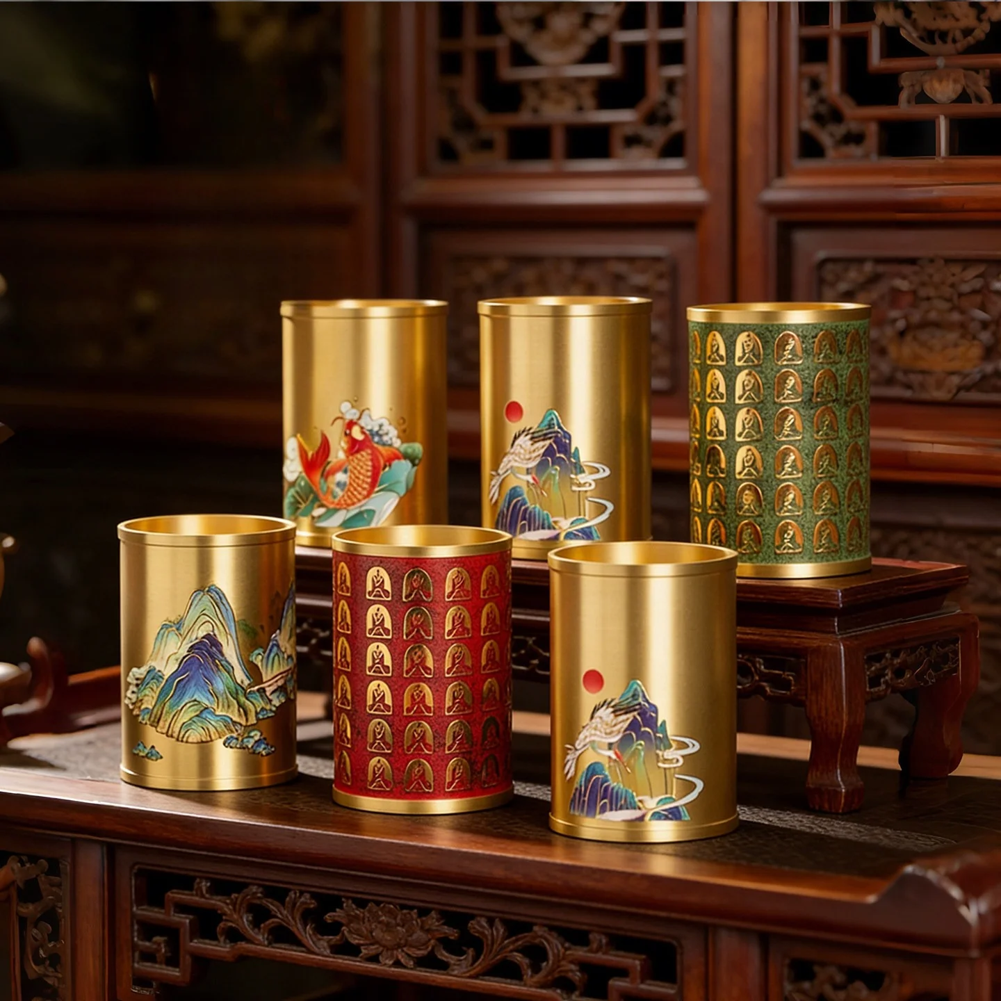 Qianli Jiangshan Copper Hot Stamping Pen Holder Chinese Style Brush Storage Tube Desktop Decor For Calligraphy Tea Space Gift