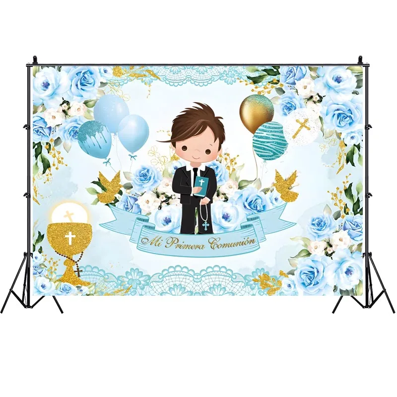 Mi Primera Comunión Backdrop Boy Girl Baptism Cross Banner Background Photography Christening Party Decoration