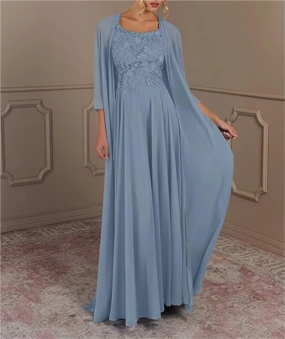 

2 Piece Mother Of Bride Dresses Plus Size With Jacket Long Chiffon Lace Applique Mother Of Groom Dresses For Wedding 3/4 Sleeves