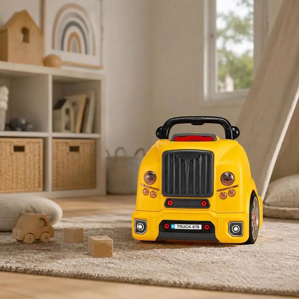 Jouet de jeu de rôle mécanicien avec moteur, 14 cm, jaune, en plastique PP et ABS, 60 pièces détachables, volant, klaxon, interactif