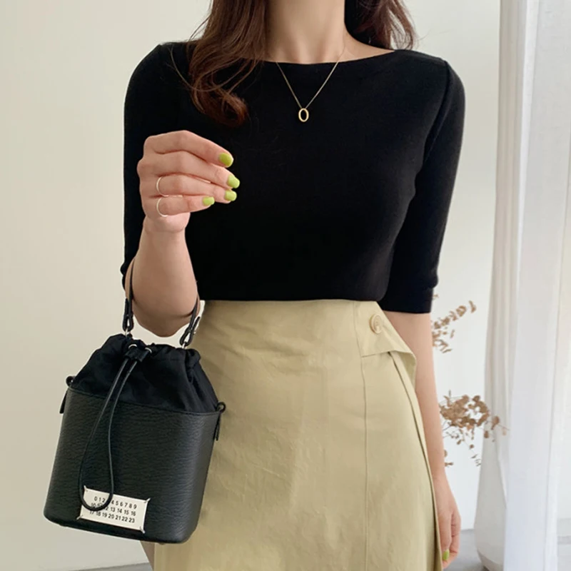 Top de punto ajustado de seda de hielo e con falda Midi de cintura alta conjunto de dos piezas estilo coreano manga co...