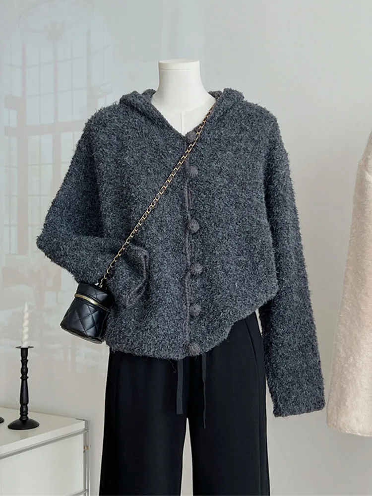 Korean Style New Solid Design Button Cardigan Women Fashion Hooded Knitted Tops Preppy Style Elegant Long Sleeve Loose Sweater