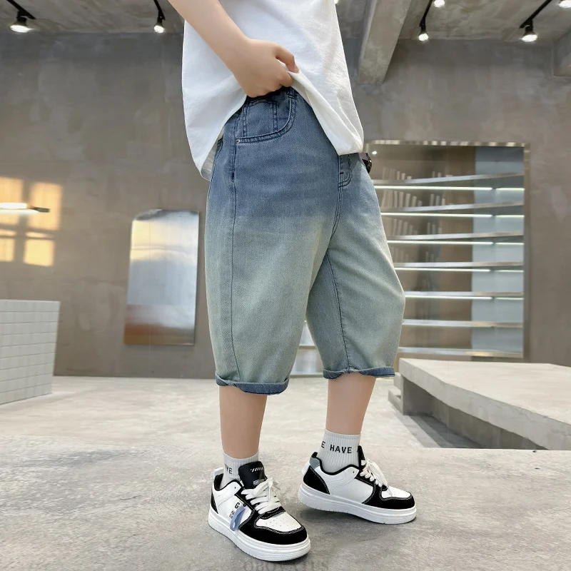 Teenager Boy Gradient Color Denim Shorts Kids New Summer Ripped Jeans Shorts High Quality Child Denim Capris Pants 5 To 14 Years
