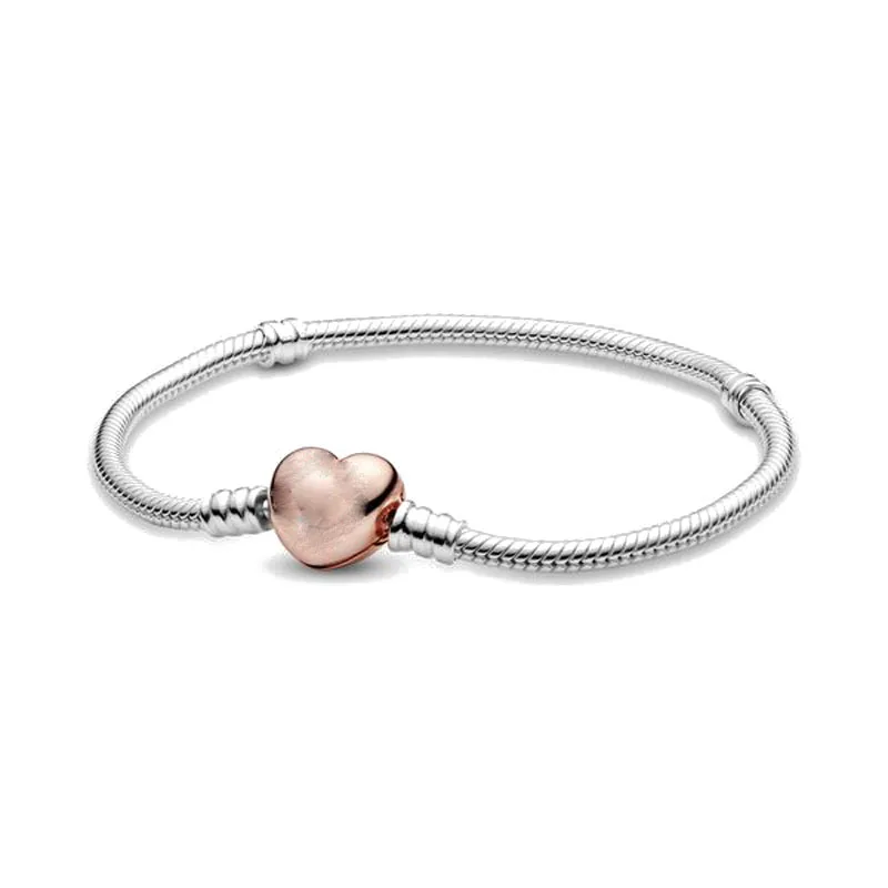 European White Stone Pave Heart Clasp Snake Chain Bracelet Bangles Fit 925 Sterling Silver Plated Charm Beads Jewelry Fashion