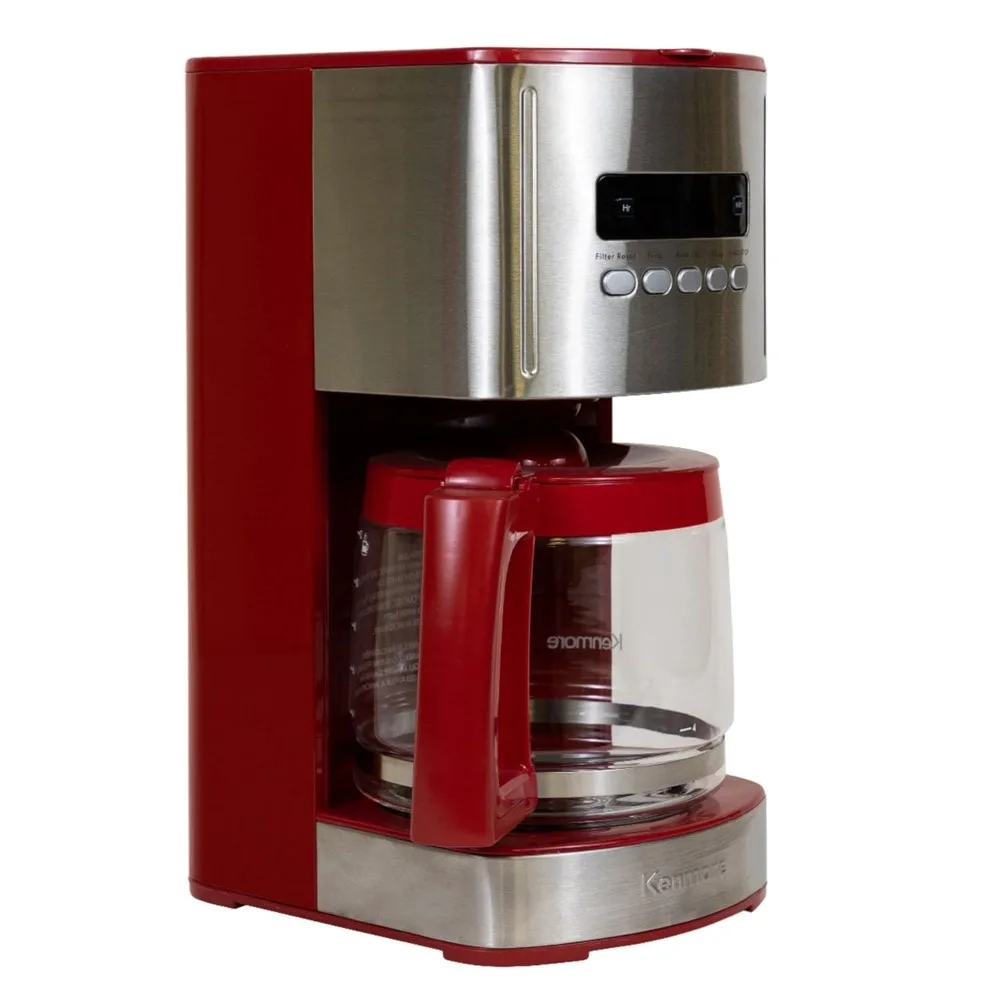 Control 12-cup Programmable Coffee Maker, Red and Stainless Steel Drip Coffee Machine, Glass Carafe, Reusable Filter,