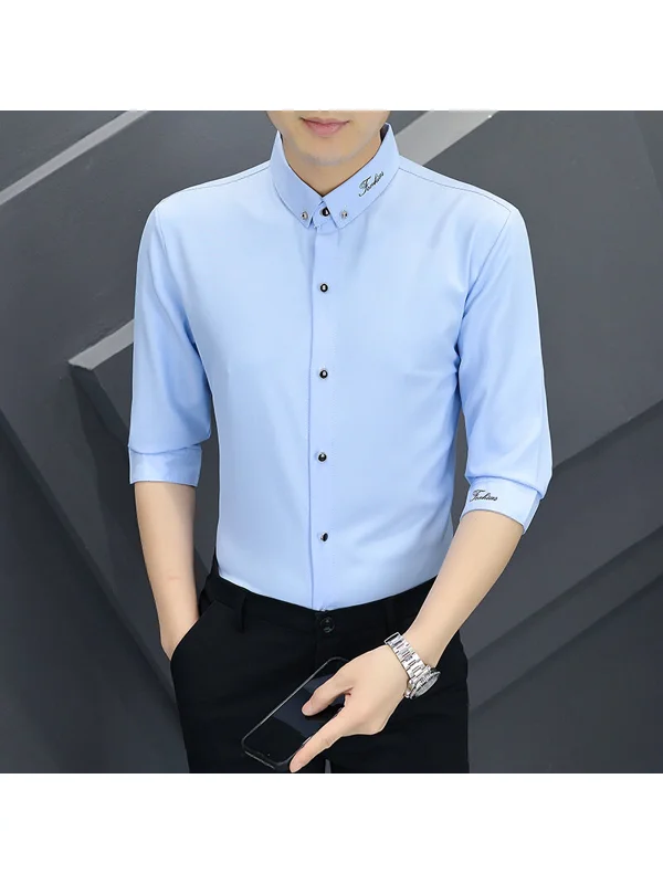 

Men's Ice Silk ort Sve irt Slim Fit Embroidered Stand Sle PU Leather Youthful Polyester Fiber Summer Faionable