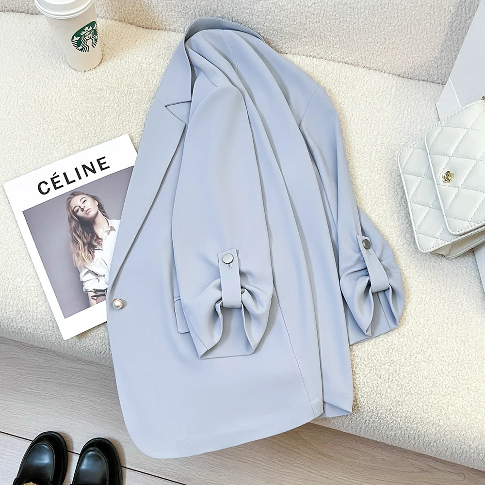 Summer Light Blue Women's Three-Quarter Sleeve Casual Suit Fashionable Single Button High-End Design Commuting Jacket For Female