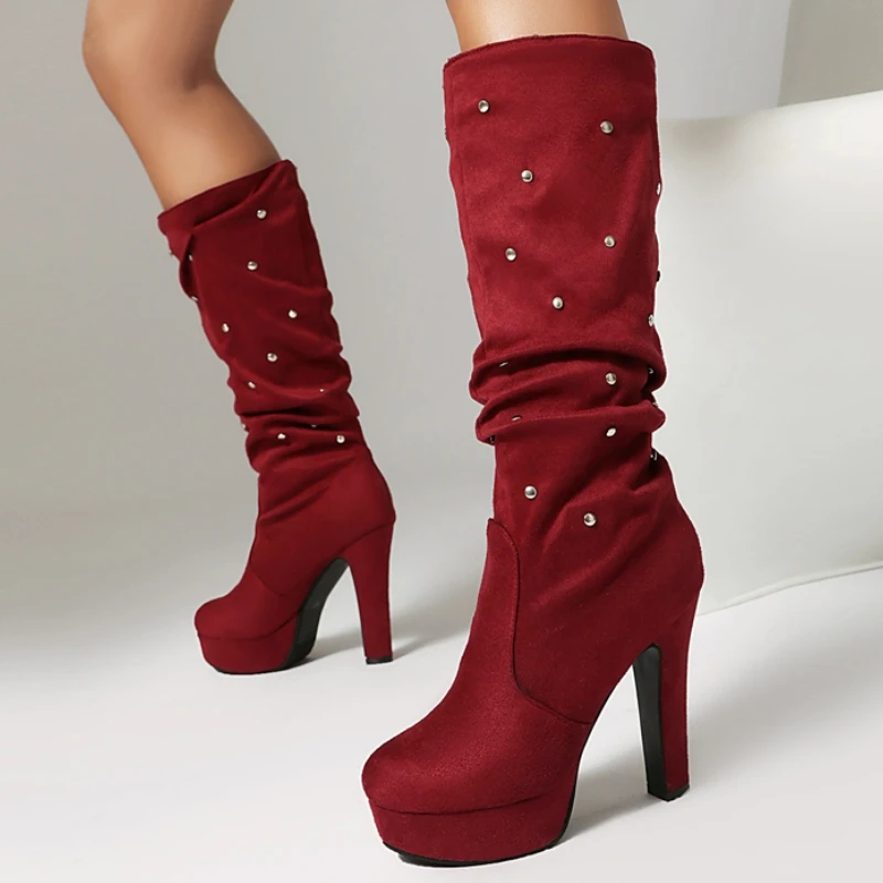 

Faxu Suede Women's Knee High Boots Autumn Winter Shoes Platform Black Red Heels Long Boot Ladies Footwear Shoes Large Size 45 48