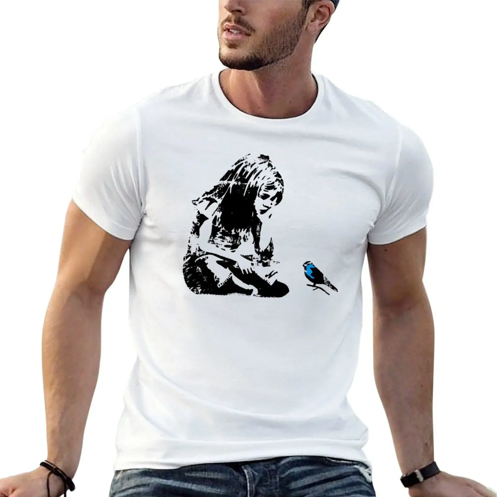 

Banksy Graffiti - Girl with Blue Bird, Street art T-Shirt t shirts for man slim fit cotton t shirt man T-Shirt