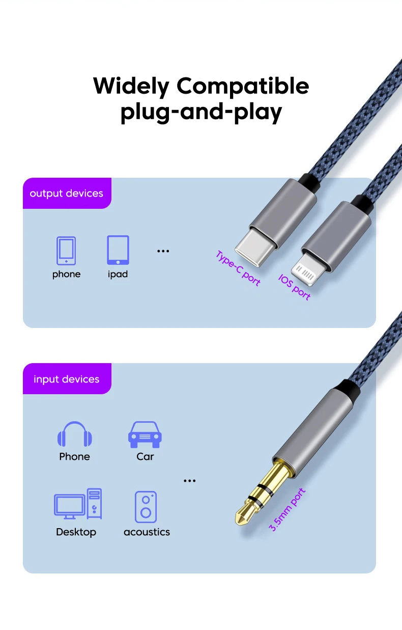 2-in-1 Aux-Audiokabel Typ C/Lightning auf 3,5-mm-Klinkenkabel für Auto-Kopfhörer, Telefon, USB-C, iOS zu 3,5-mm-Aux-Konverter-Klinkenkabel – Detail 2