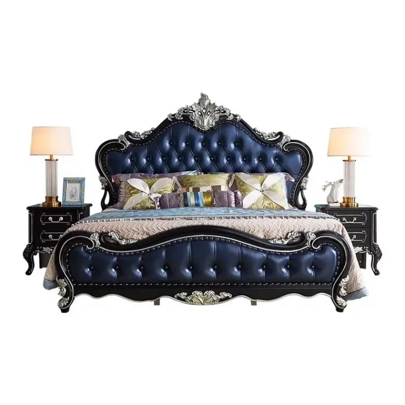 European deluxe double bed 1.8 meters master bedroom ebony all solid wood carving flower leather bed American wedding room