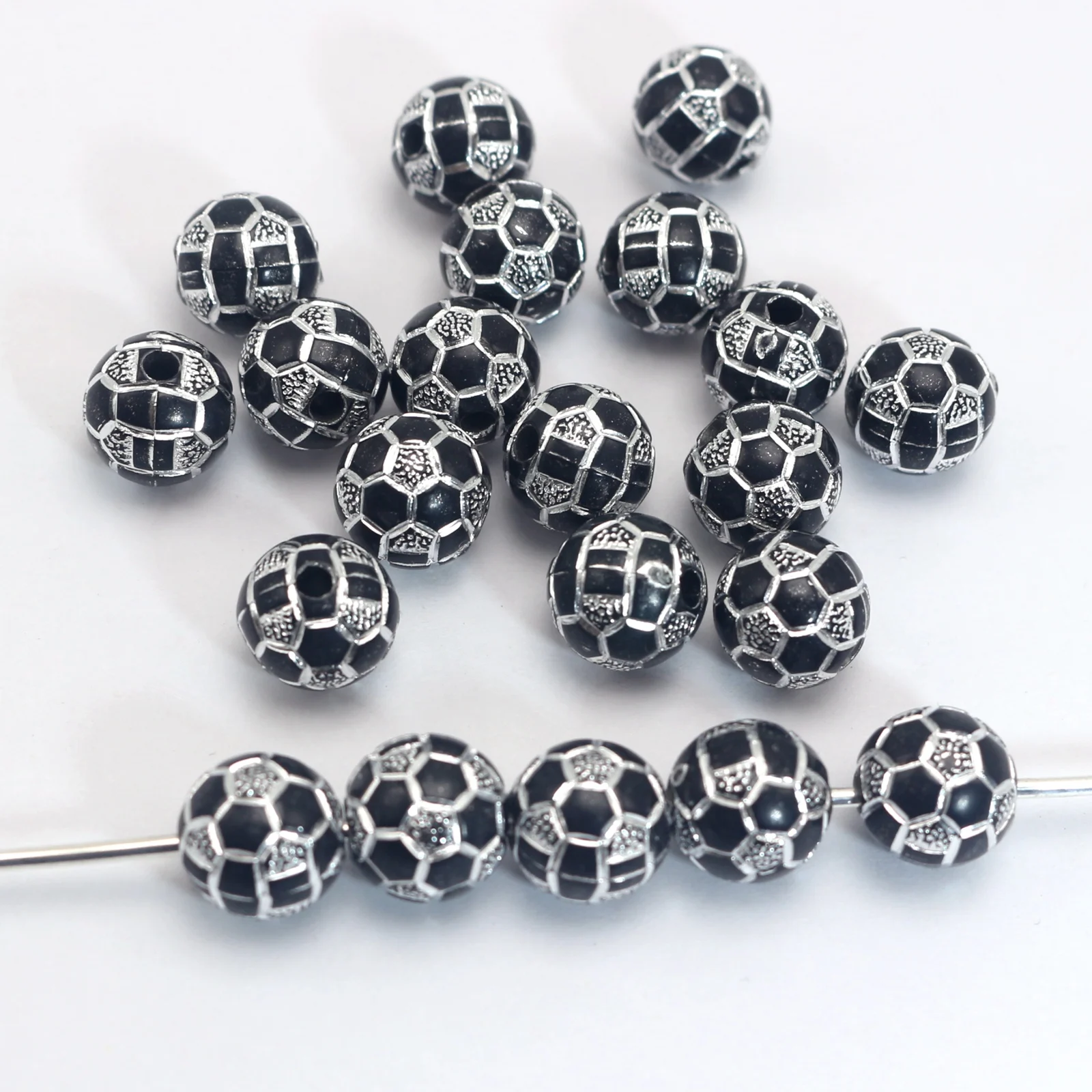 100 Black Sparkling Football Soccer Pattern Acrylic Round Beads 10mm
