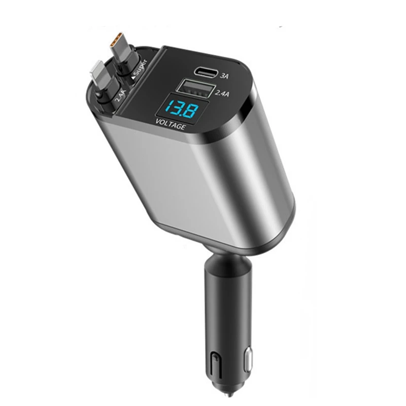 4-In-1 Retractable Car Charger With Dual Cables & 2 USB Ports, Mini Car Charger For Iphone 15/14/Pro Max/Samsung/Pixel