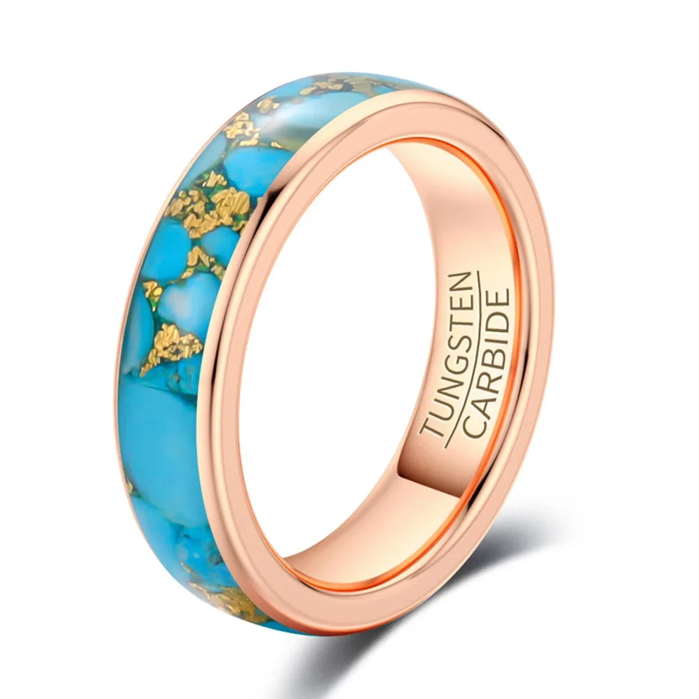 6mm Wide Inlaid Gold Foil Tungsten Steel Ring High-end Turquoise Pattern Men And Women Jewelry Proposal Rings