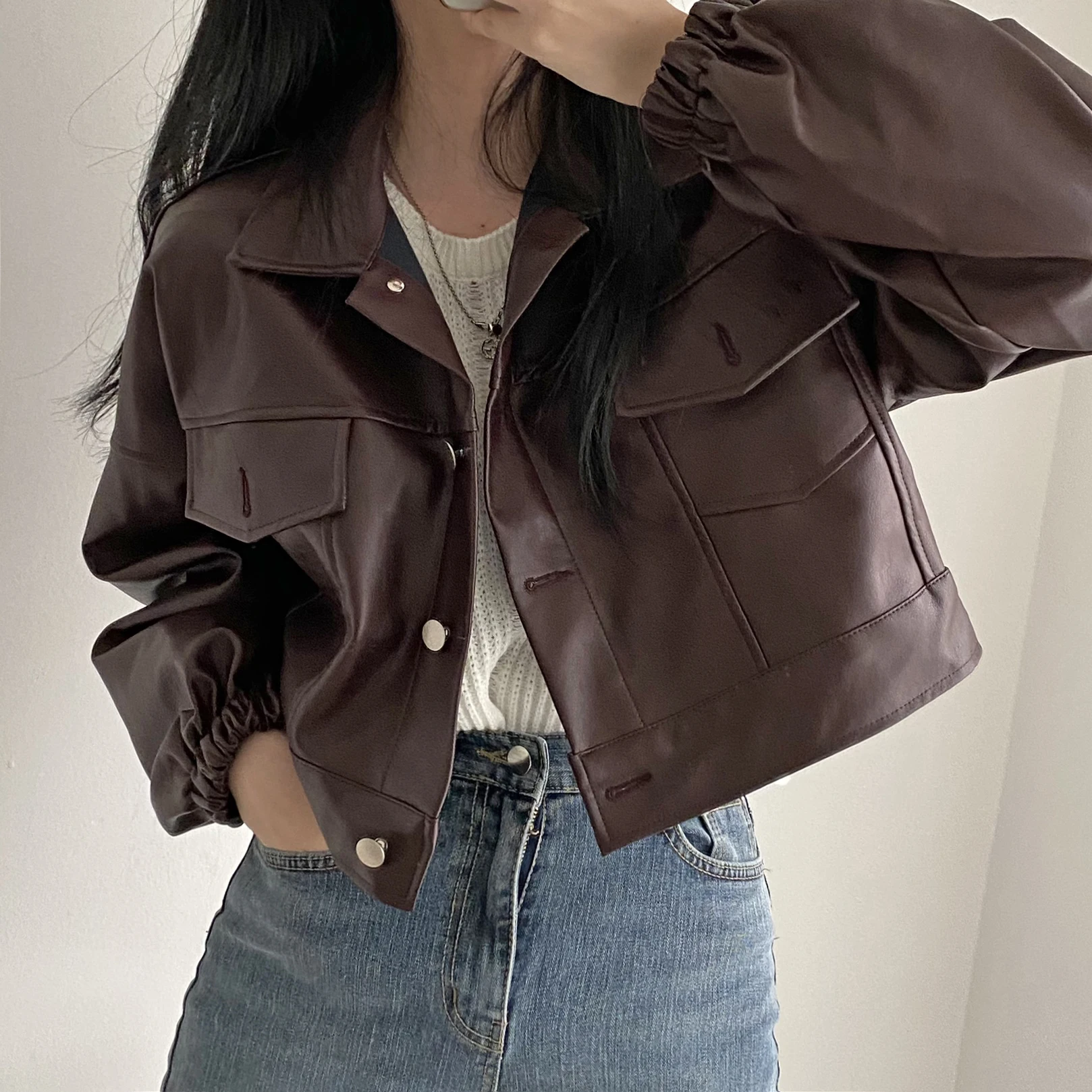 Retro Brown Workwear Leather Jacket Korean Style Motorcycle PU Leather Coat with Stand Collar Multi Pockets Cuffed Sleeve Sho...
