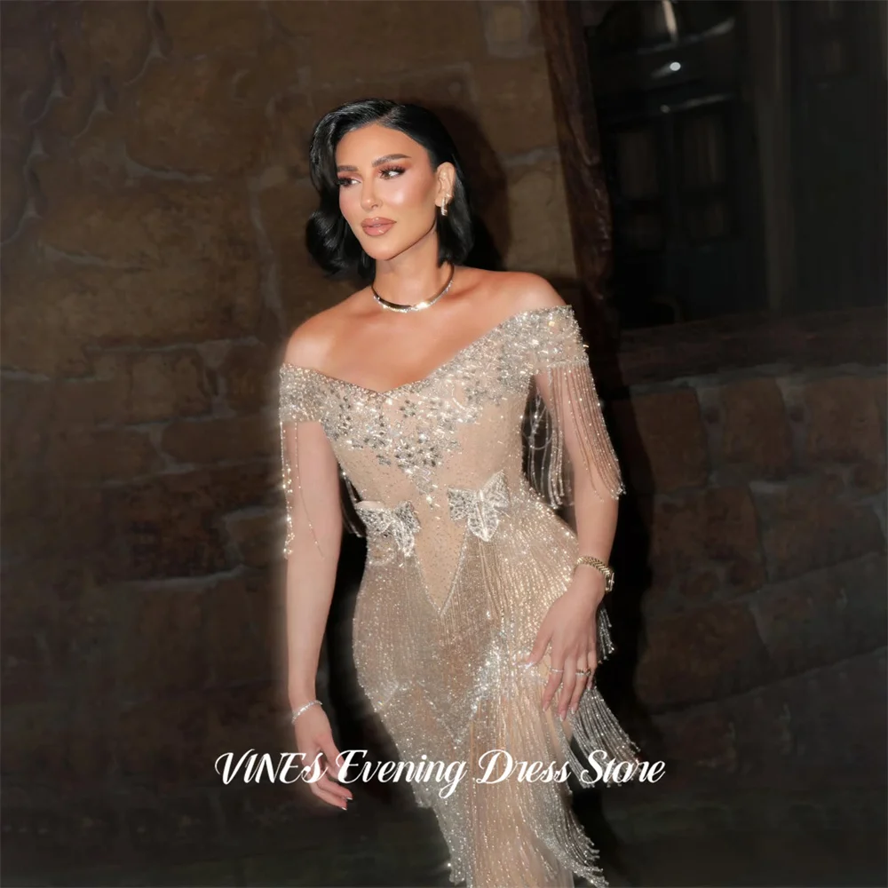 VINES Champagne Party Dresses Off the Shoulder Short Sleeve Evening Dresses Tassel and Bow فساتين السهرة Gala Dress Customized image 5