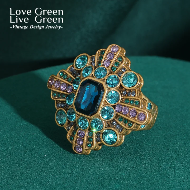 

Vintage Large Square Crystal Rings Luxury Brands Jewelry Rhinestones Magnet Separable Woman Gold Color Antique Accessories 2025
